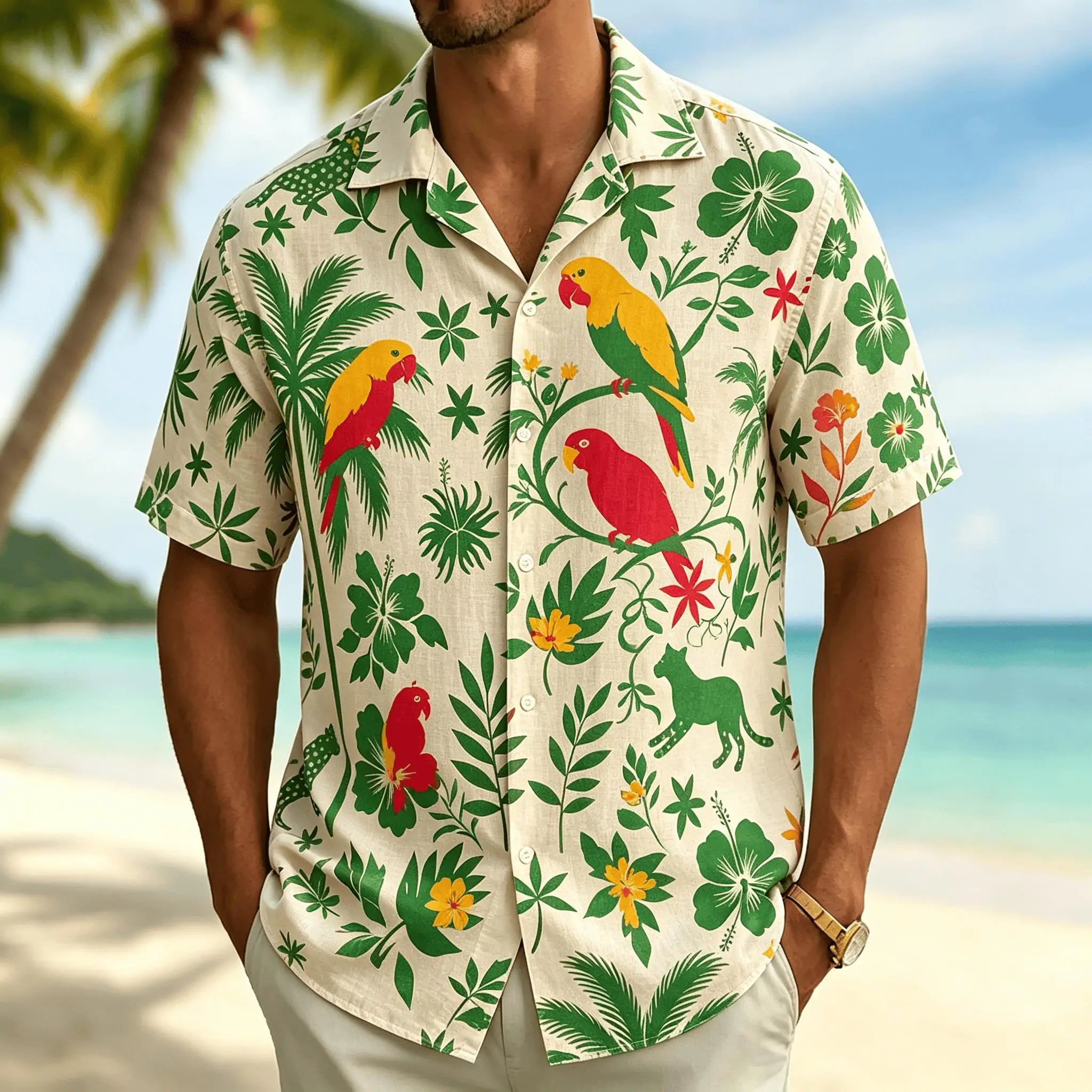 2026 Tropical Flora and Fauna Flower Shirt, Bird Leopard Flower Niche Design, Men's Loose Summer Lightweight Shirt