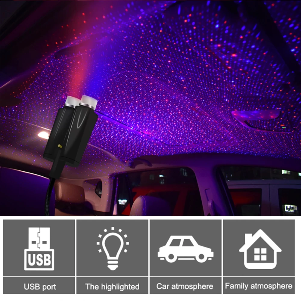 Luz de estrella de techo de coche, lámpara de proyector estrellada de galaxia alimentada por USB, ambiente romántico, luz nocturna para decoración