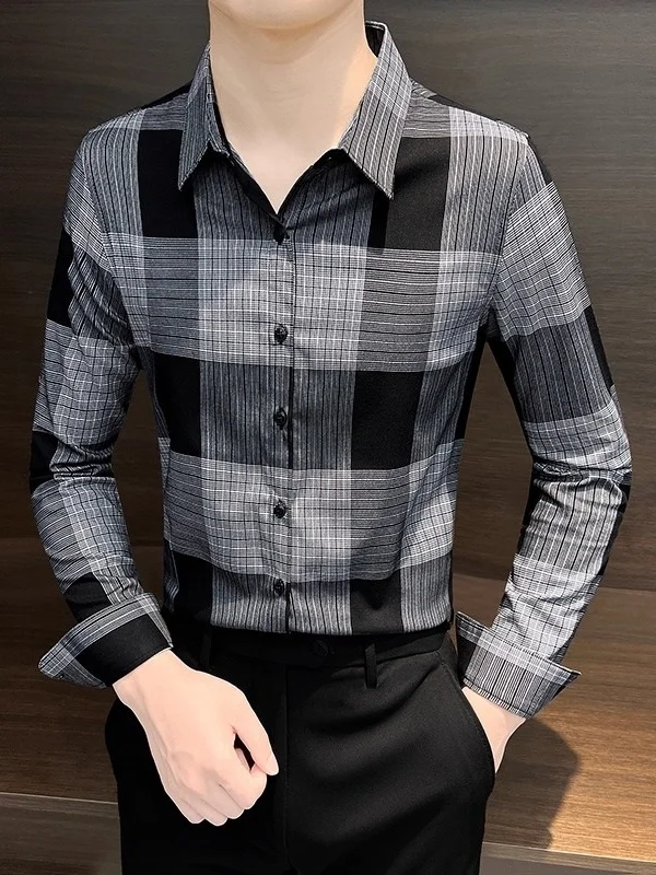

Мужская рубашка в клетку на весну-осень, приталенная, повседневная, деловая, классического кроя, на пуговицах