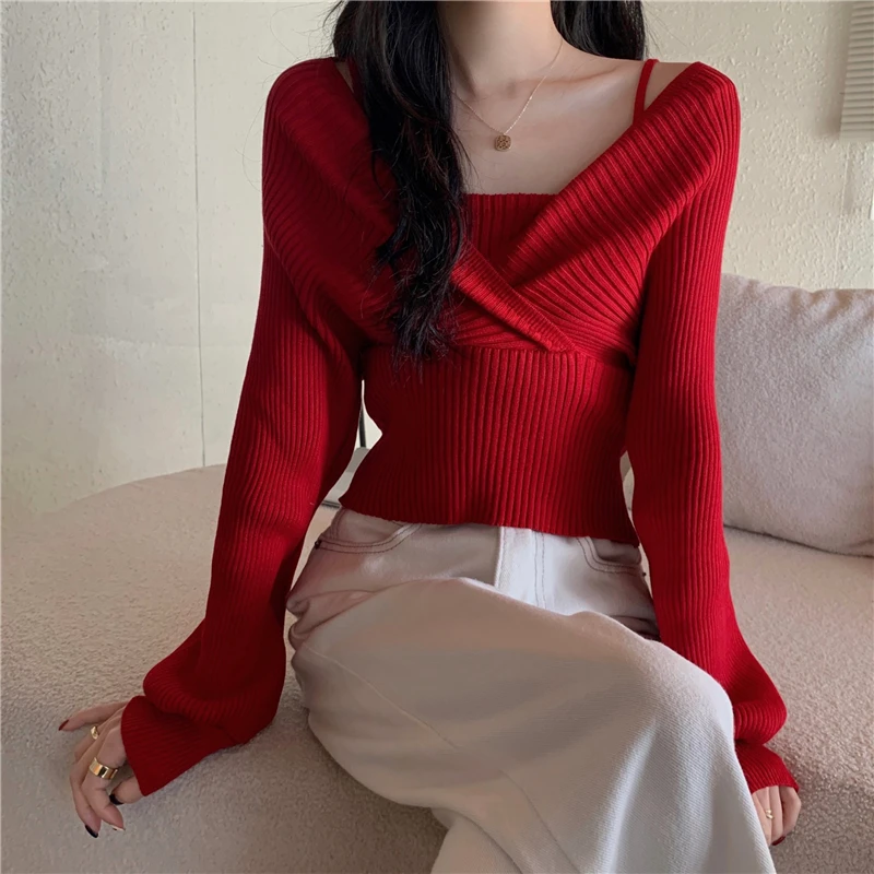 Christmas Red Pullovers Fake Two Pieces for Women Xmas Solid Cross V-neck Slip Off Shoulder Sweater Sexy Lady Slim Knitshirt Top