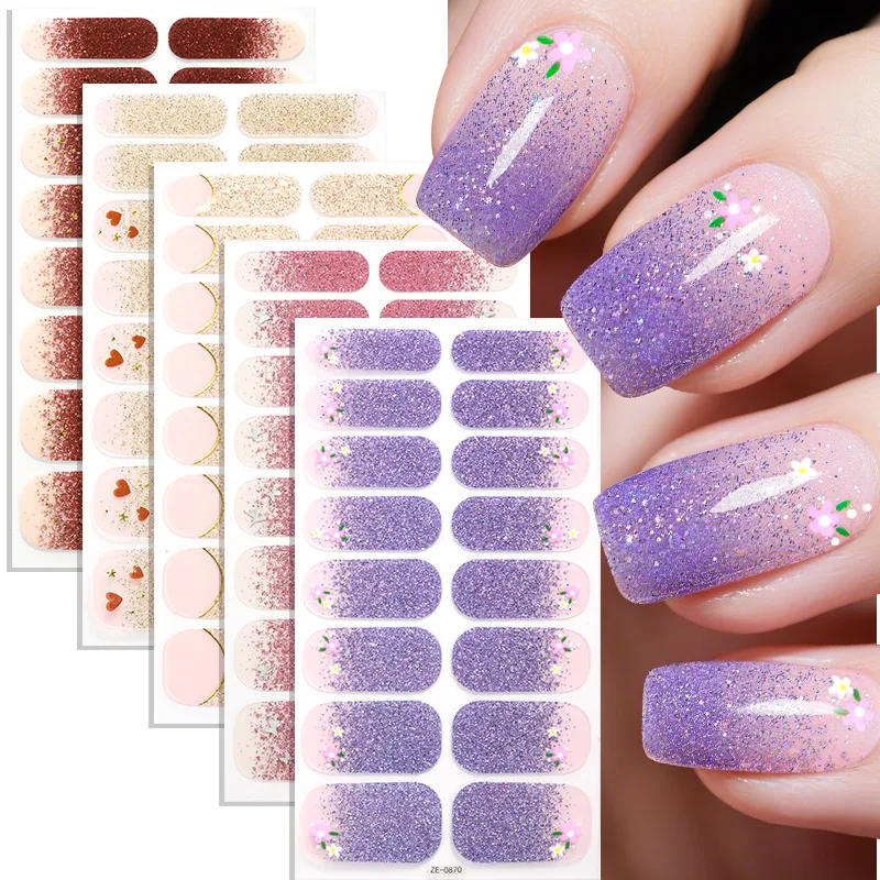 Gradient Glitter French Nail Wraps 3 Sheets 16 Strips 3D Gold Foil Floral Nail Stickers Semi Cured Manicure Nail Decals