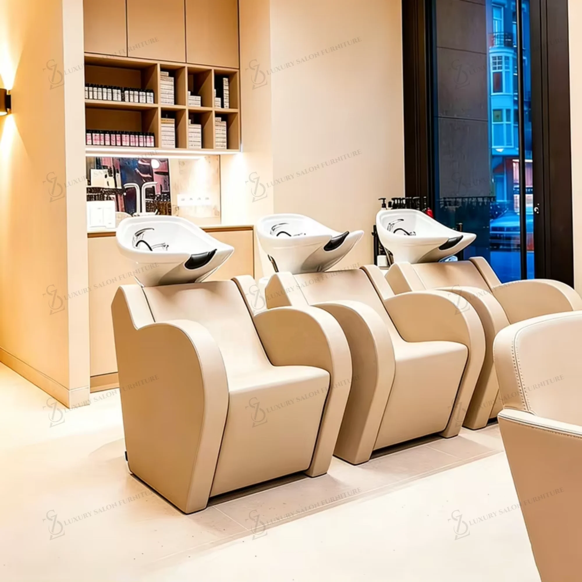 Customized Highend Luxury Hair Washing Station Barber Shop Beauty Salon Shampoo Bed With Ceramic Bowl Shampoo Chair Shower Chair
