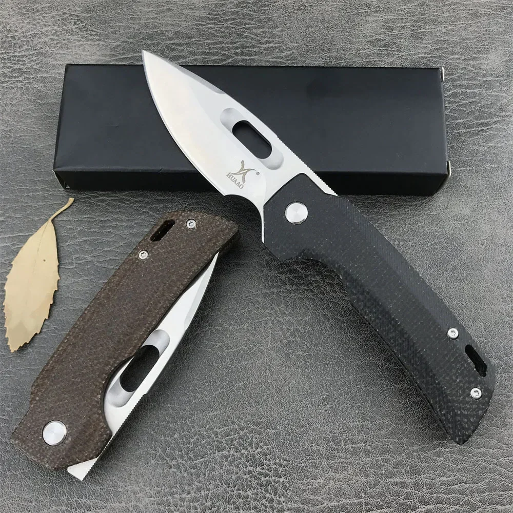 HUAAO GC002 Folding Knife Camping EDC Hiking Knives Outdoor Survival Hunting Knife 8Cr13Mov Blade Black/Brown Linen Handle