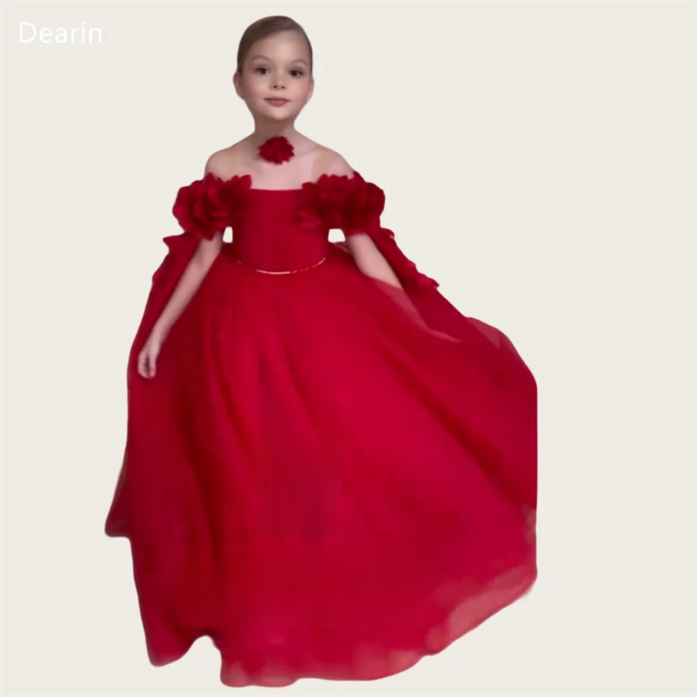 

Dearin Off-the-shoulder Ball Floor length Skirts Layered Draped Tulle 3D Flower Girl Dresses