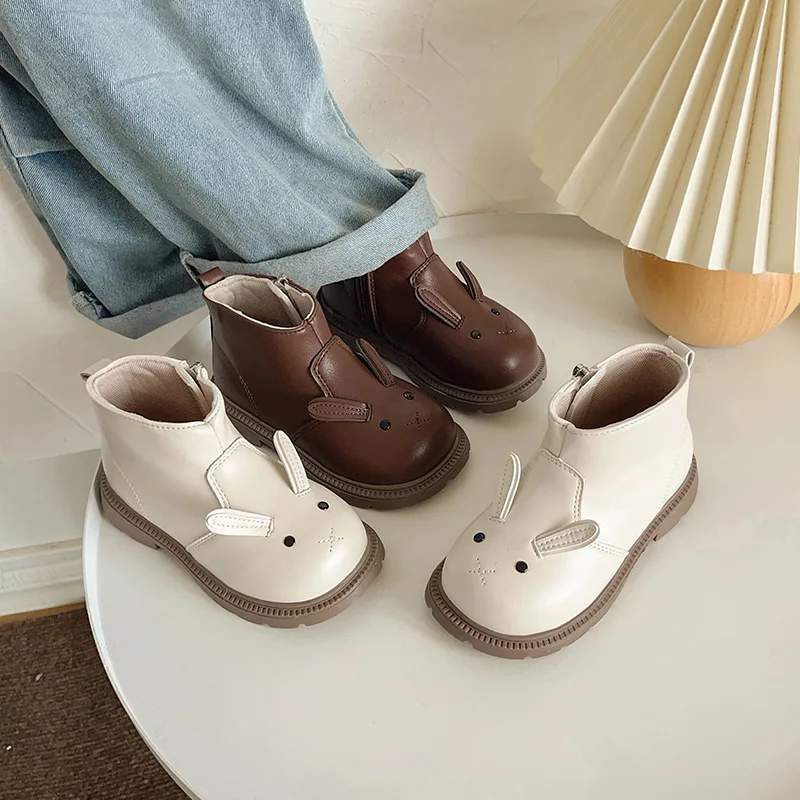 Designer Shoes Brand Girl Boot 2025Autumn New Cartoon Rabbit Kid Shoe with Velvet Kid Boot Fashion Leather Boot Cute Girls Shoes