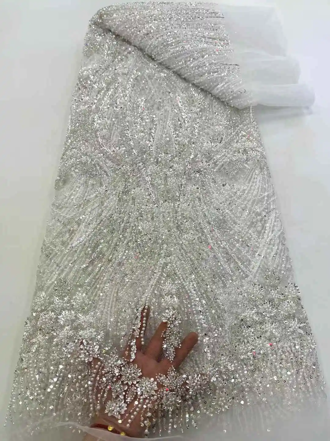 African Beaded Lace Tulle Fabric Heavy Handmade Swiss Sequin Fabric Nigerian Wedding Prom Dress Sew High Quality -XC