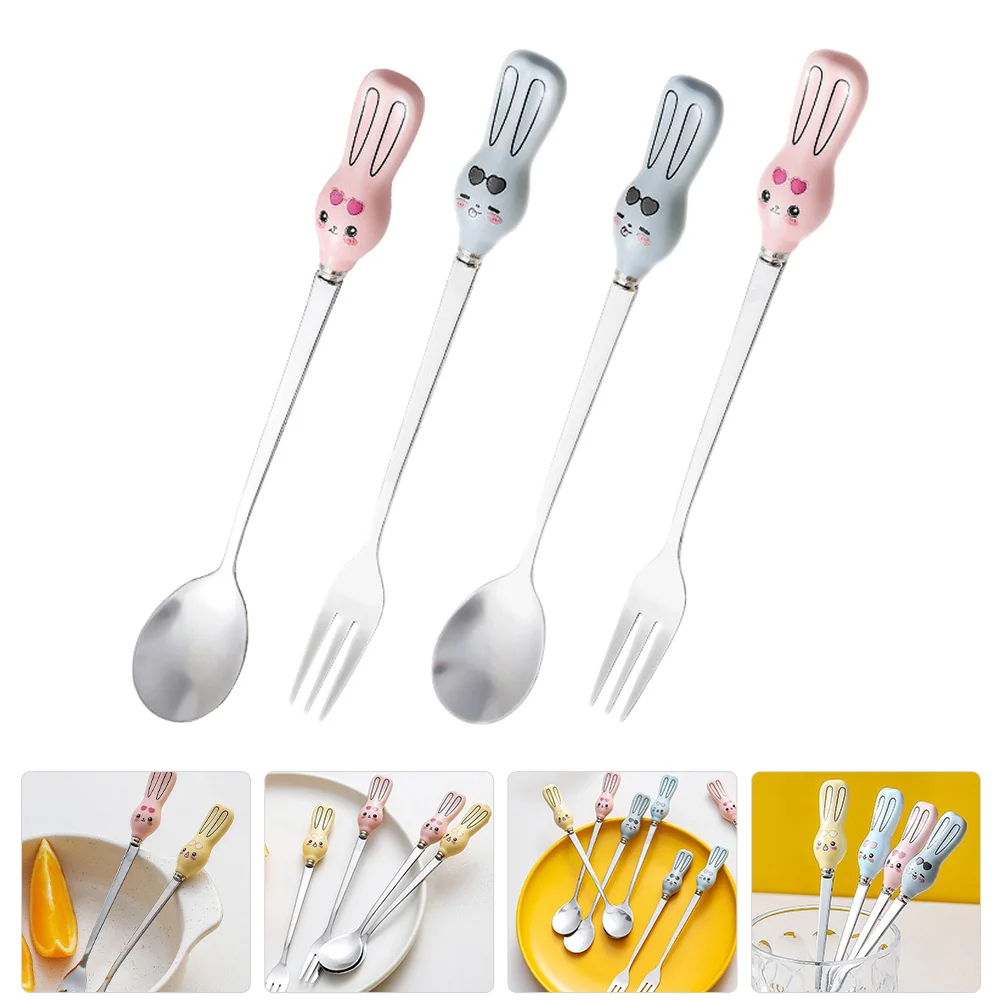 

1Set Cartoon Stainless Steel Fork Spoon Set Ceramic Handle Kitchen Serving Utensils Kids Toddler Lunch