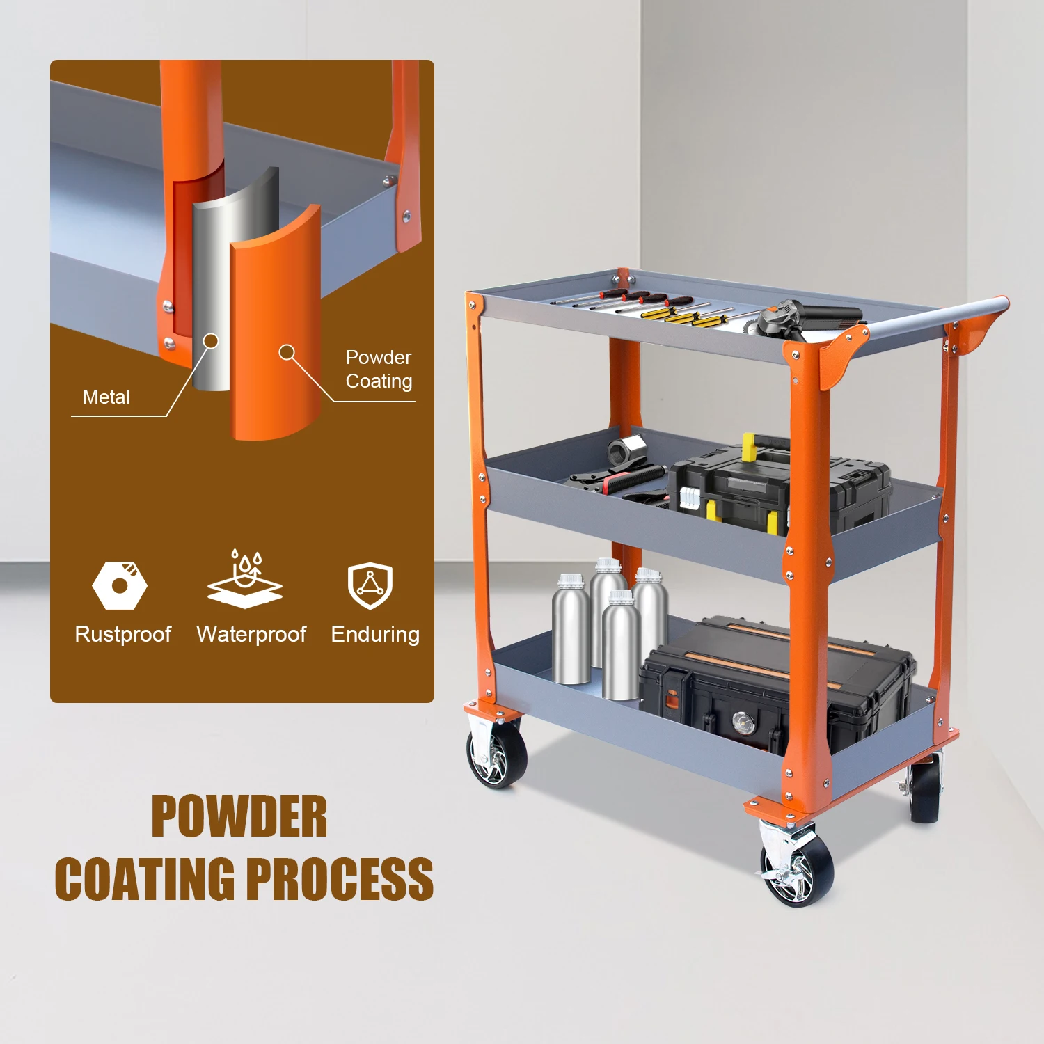 HPDMC Utility Service Cart 3-Shelf 1000LBS Heavy Duty Plastic Rolling Utility Cart with with Wheels for Warehouse/Garage