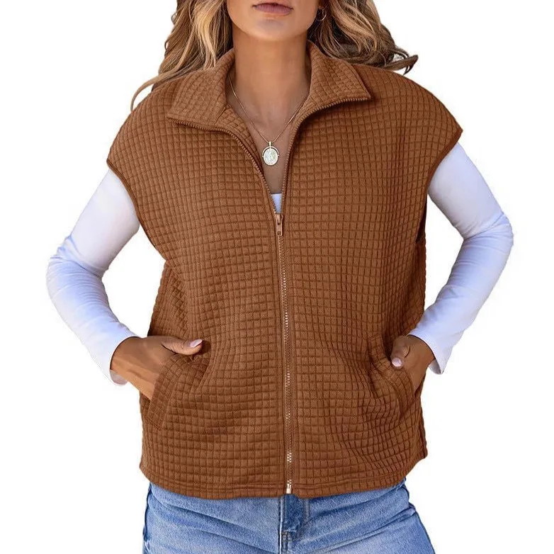 Cross-Border Amazon Autumn Hot-Selling Women's Turn-Down Collar Zipper Waffle Pocket Sleeveless Oversized Sweatshirt