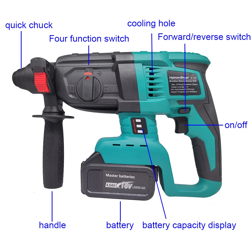 Akku bürstenloser 1-1/2 "SDS-plus Bohr hammer-3-in-1-Multifunktions-Hochleistungsbohrer mit Sicherheits kupplung