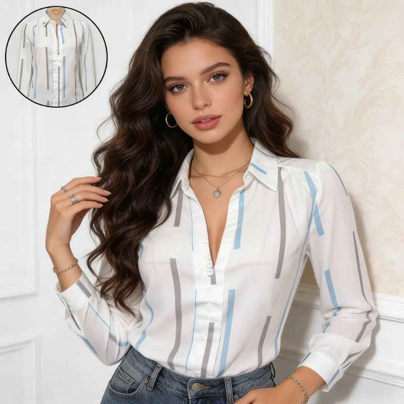 

New Fashion Lapel Women's Long-sleeved Shirt Spring and Autumn Simple Striped Casual Office Blouse Elegant Women's Clothing