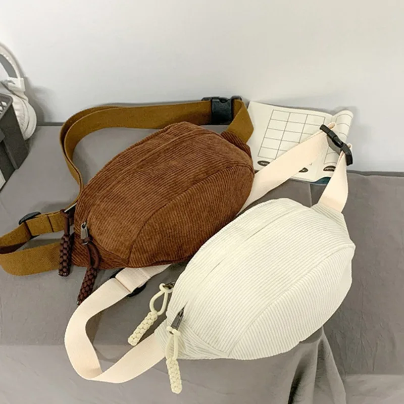 Sztruksowe damskie torby na talię Płócienne studenci Torba na ramię Crossbody na klatkę piersiową Fanny Pack Fashion Phone Banana Female Bum Belt Bag