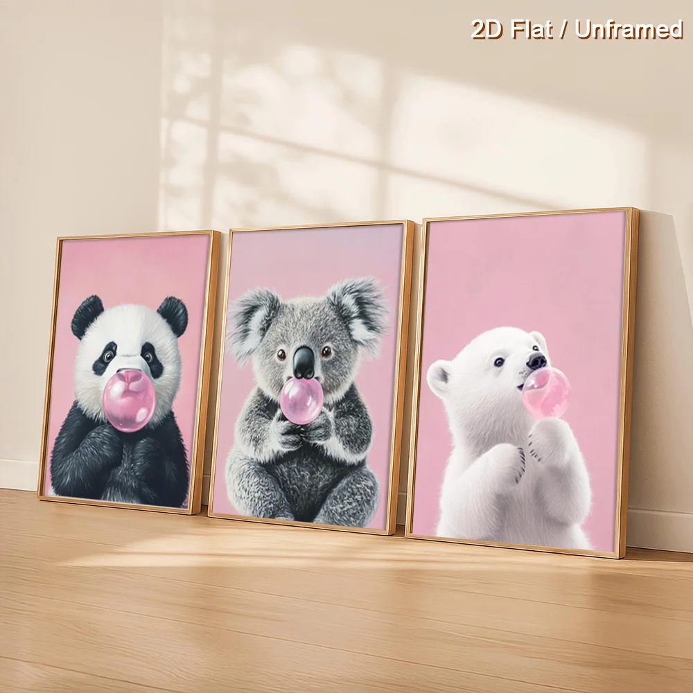 （NoFranme 3PCS）-2D Flat, 3pcs Cute Panda Koala Polar Bear Bubble Gum Art Prints - Vertical Canvas Posters Suitable for Rooms,