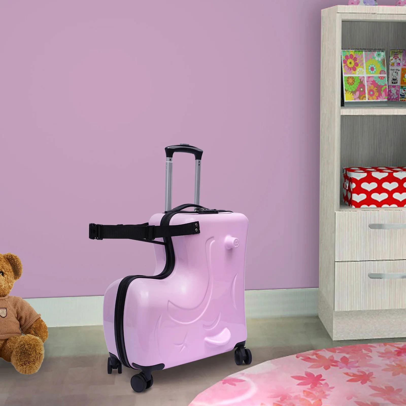 Pink Ride On Suitcase for Kids 20 Inch Horse Shaped Luggage with 3 Digit Password Lock 30kg Capacity Ages 3-6