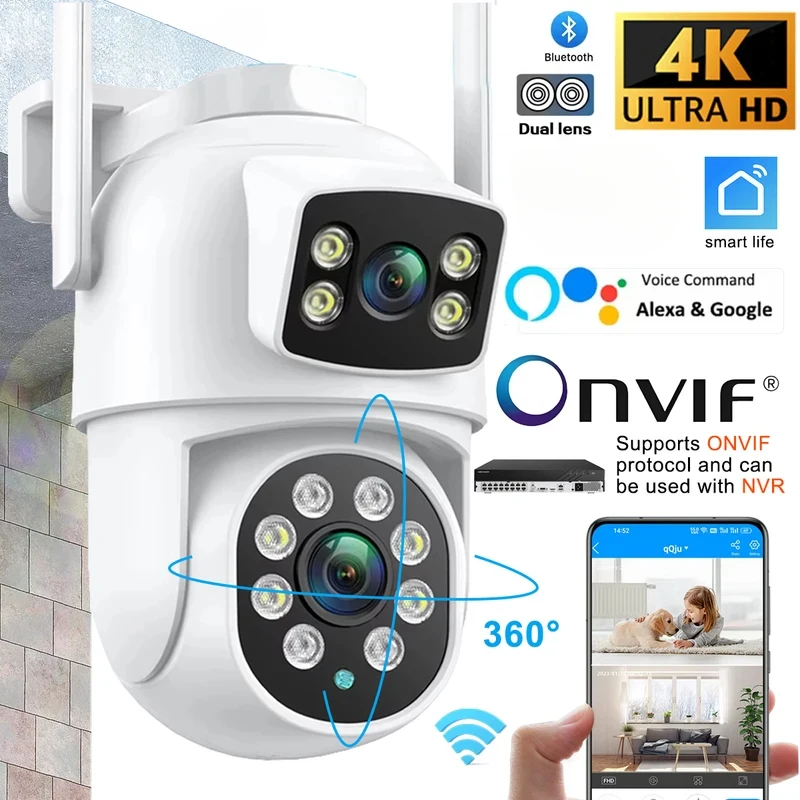 2026New Wifi IP Camera 8K with Alexa Google Onvif NVR Dual Lens Camera PTZ Outdoor 4K Dual Screen Auto Tracking Night mod