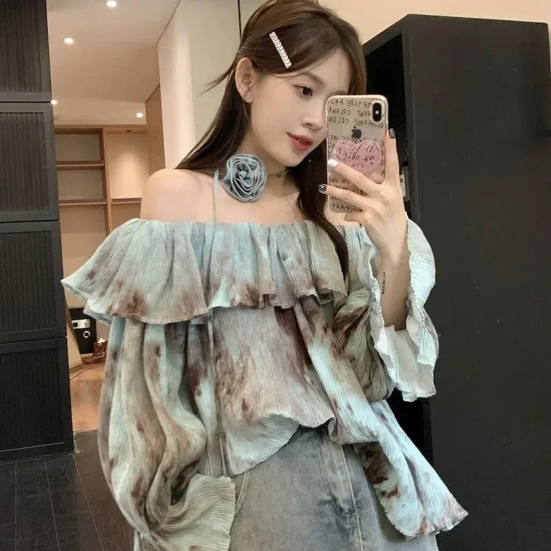 Shirt with Women's Design Sense Niche and Unique Top Loose Tie Dye One Shoulder Lotus Leaf Edge Off Shoulder Long Sleeved