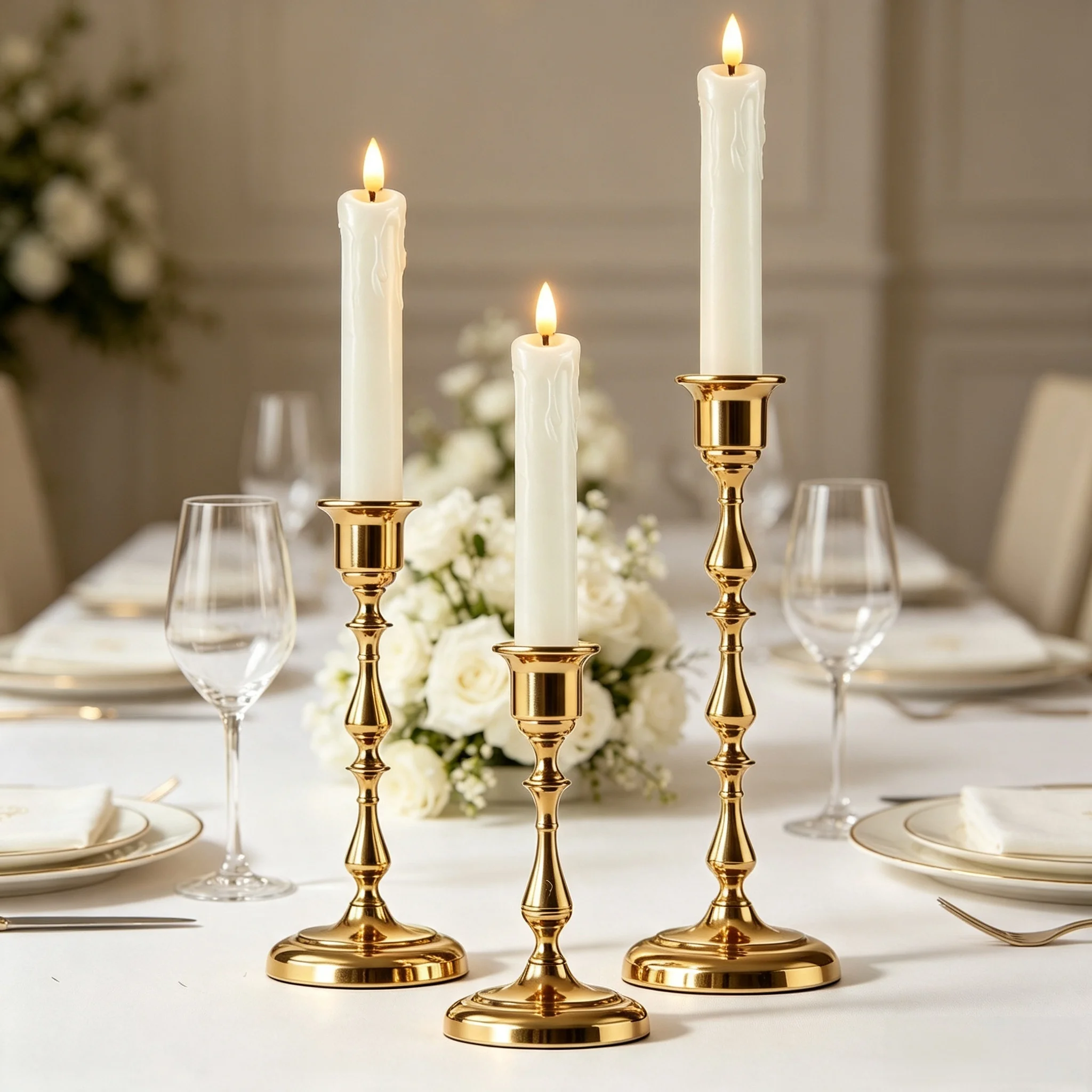 Gothic‑Inspired Matte Gold Candlestick 3-piece Set Curved Sculpted Stem Stable Broad Base Candle Holder for Home Ambience Decor