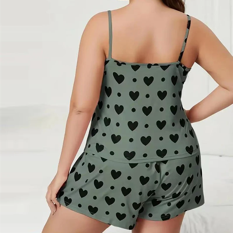 Plus-Size Women Pajamas Sleepwear Pajama Set Nightgowns Camisole Shorts Nightclothes Green XL 2XL 3XL Love Print Smooth Soft