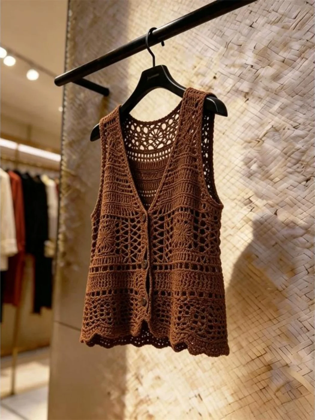 Retro Coffee Knitted Hollow out Strap Vest Small Size Summer New Style Loose Top Women's Fashion V-Neck Single Button Closure