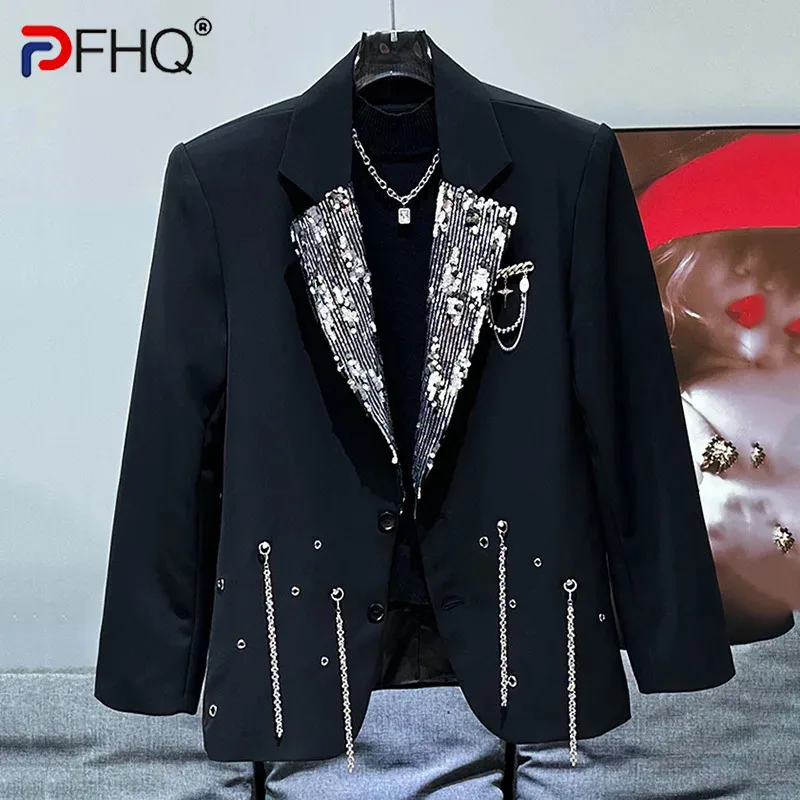 

PFHQ New Metal Chain Decorative Sequin Splicing Design Men's Suit Jacket Autumn Winter Fashion Versatile Male Tops 21Z6072