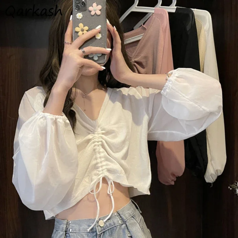 

Crop Tops Blouses Women Shirring Sunscreen Aesthetic Summer Vintage Breathable Temper Lady Clothing All-match Classic Daily 2023