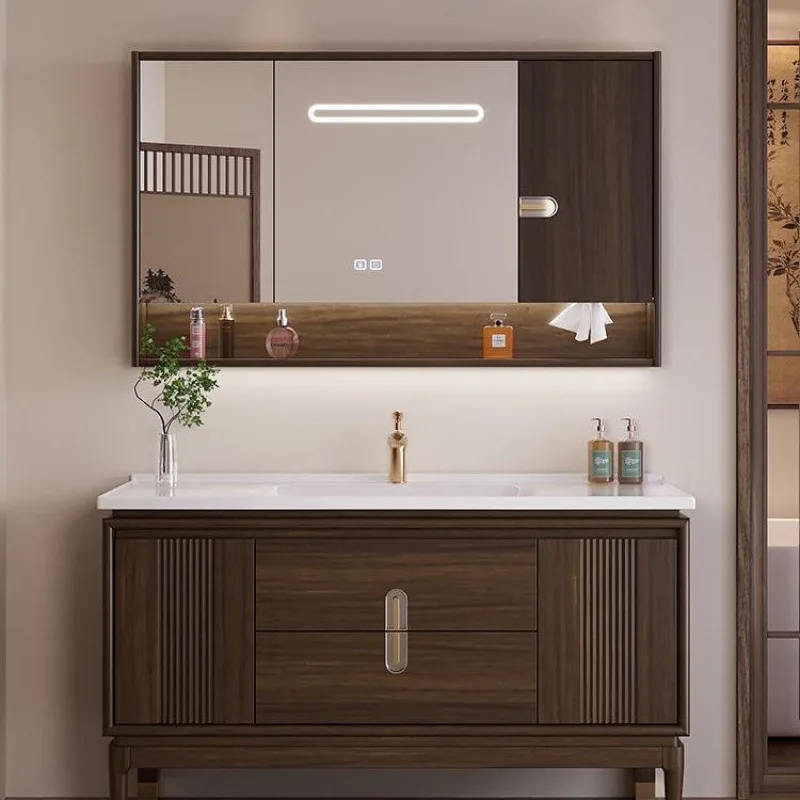Nuevo mueble de baño retro chino de roble de suelo a techo, lavabo ecológico de cerámica antigua integrado, inteligente