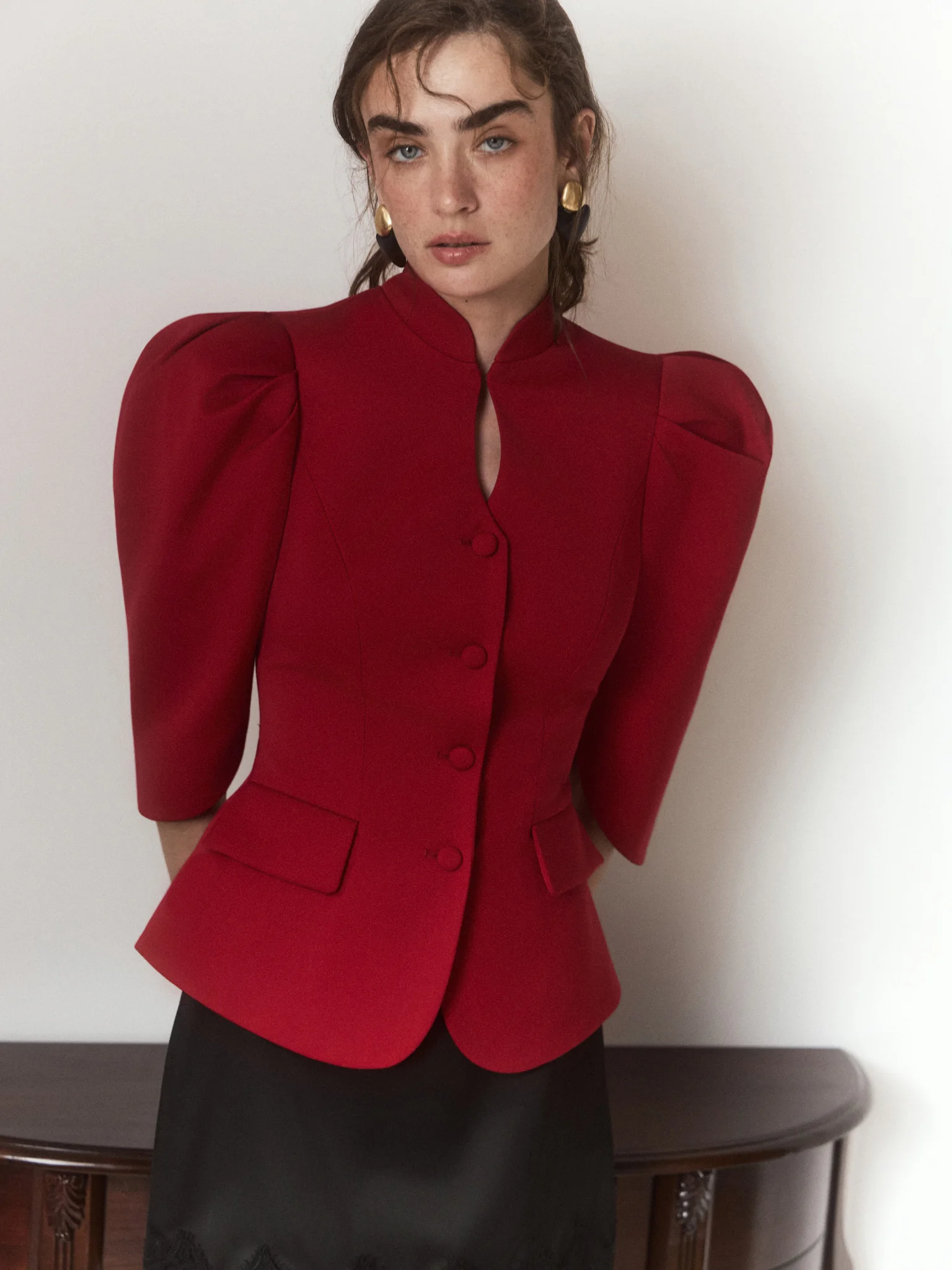 Laur Stand Collar Cutout Split Sleeve Blazer Single Breasted Pocket Fitted Waist Elegant Office Outerwear 2026