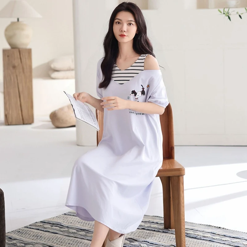 

2026 Summer Short Sleeve Cotton Nightgowns for Women Korean Loose Long Dress Sleepwear Night Dress Nightdress Ladies Home Nighty