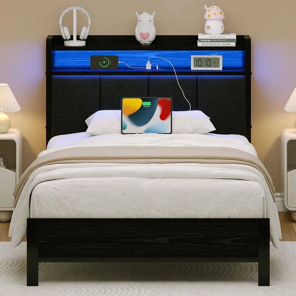 Twin Bed Frame with LED Lights and Charging Station, Metal Platform Bed Frame Twin with Upholstered Storage Headboard,Customized