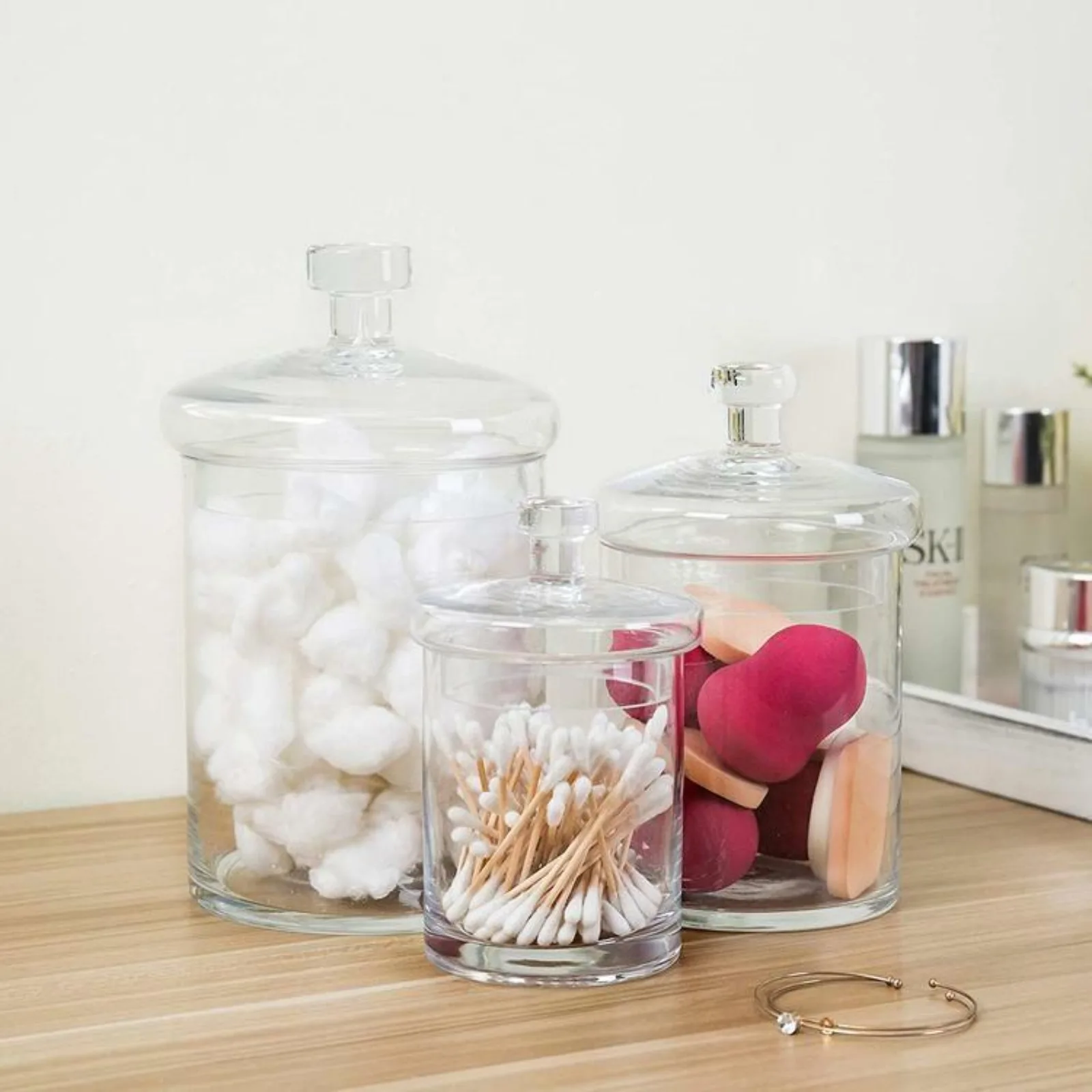 

Set of 3 Clear Glass Cylinder Decorative Storage Apothecary Jars with Lids United States