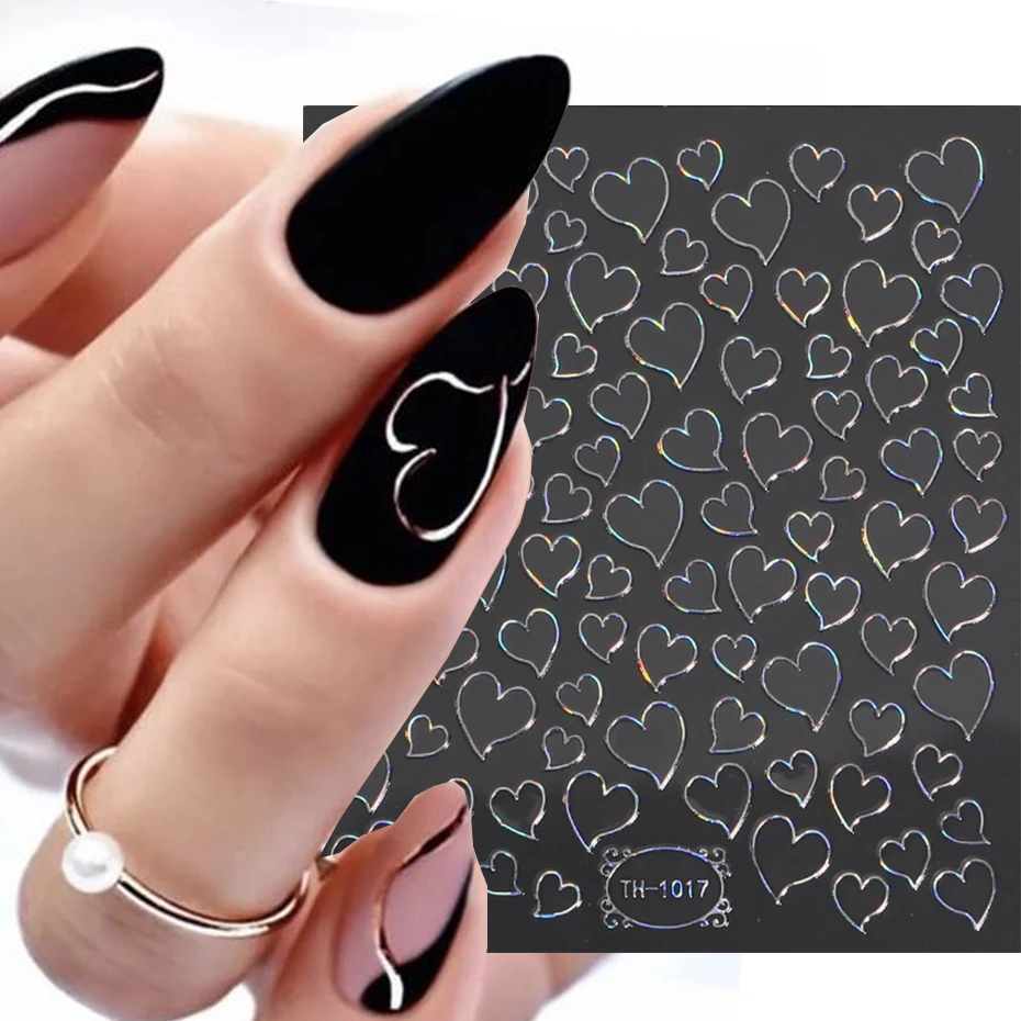 1PCS Gold Heart Nail Stickers Y2K Nail Art Decoration Hollow Love Heart Abstract Bronzing Flowers Stickers For Nails