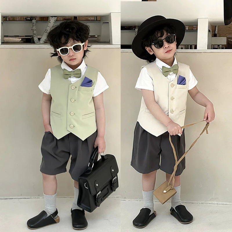 

Boys Formal Suit Set Summer Children's Wedding Party Performance Costume Kids Waistcoat Shorts 2pcs Clothes