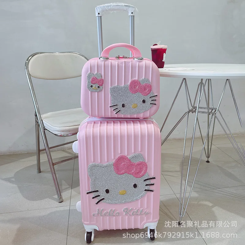 Kawaii Hello Kittys Diamond Trolley Case Anime Sanrios Suitcase Universal Wheel Female Student Travel Rolling Luggage Girls Gift