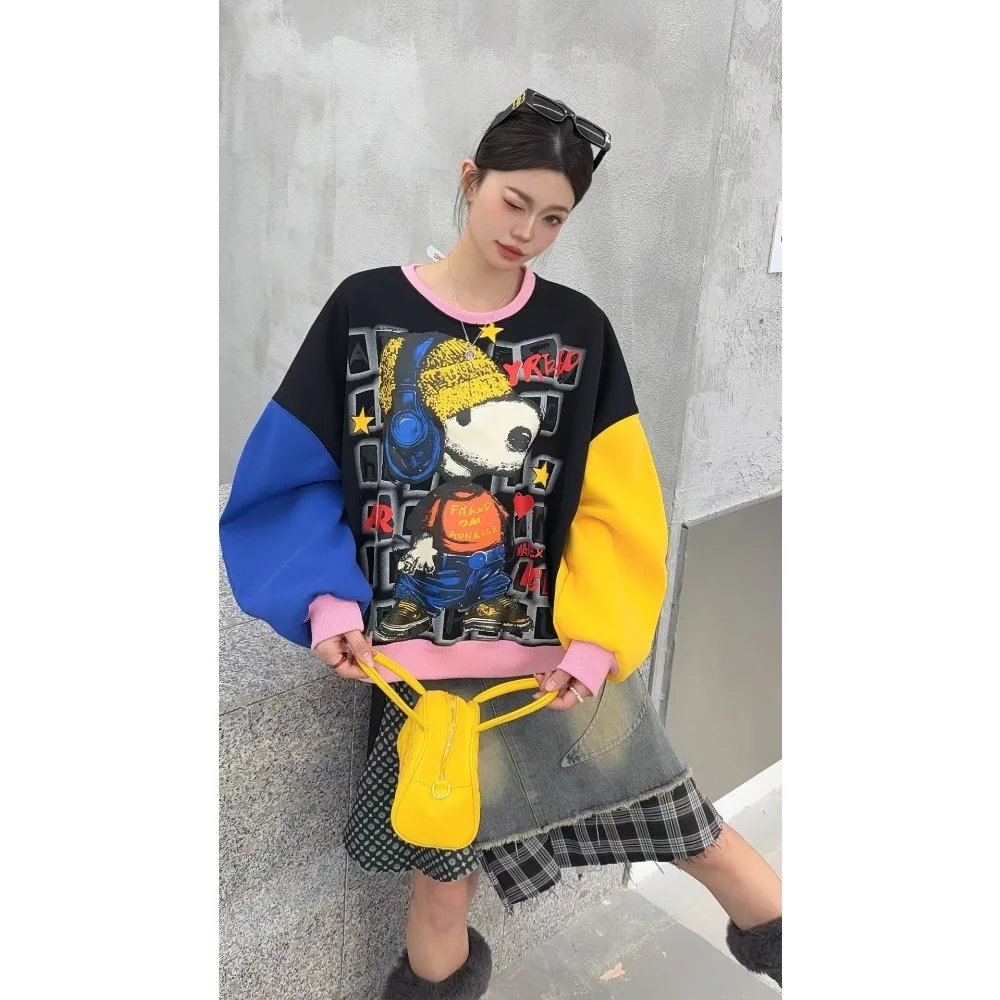 Gesplitste contrasterende trui Dames lente nieuwe schoudermouwen Leeftijdverminderende cartoon losse top met ronde hals