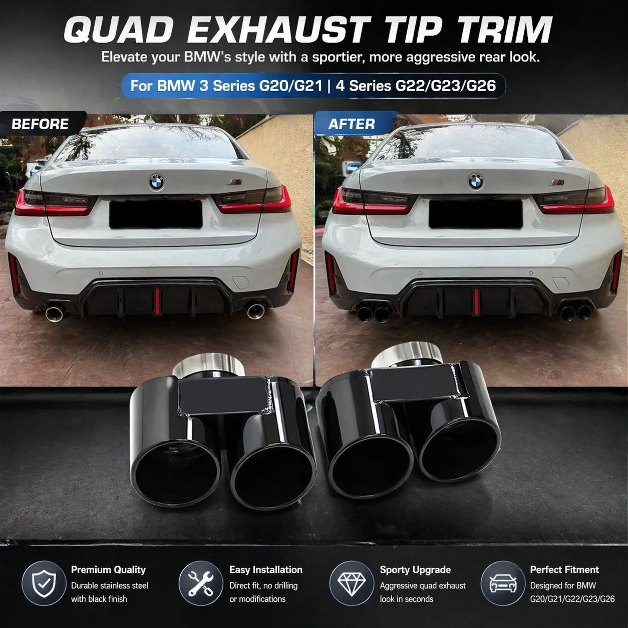 Quad Exhaust Tips for BMW G20 G21 320i 330i 330e Auspuffblenden Tailpipe Muffler Tips Glossy Black Quad Exhaust Nozzle 2019+