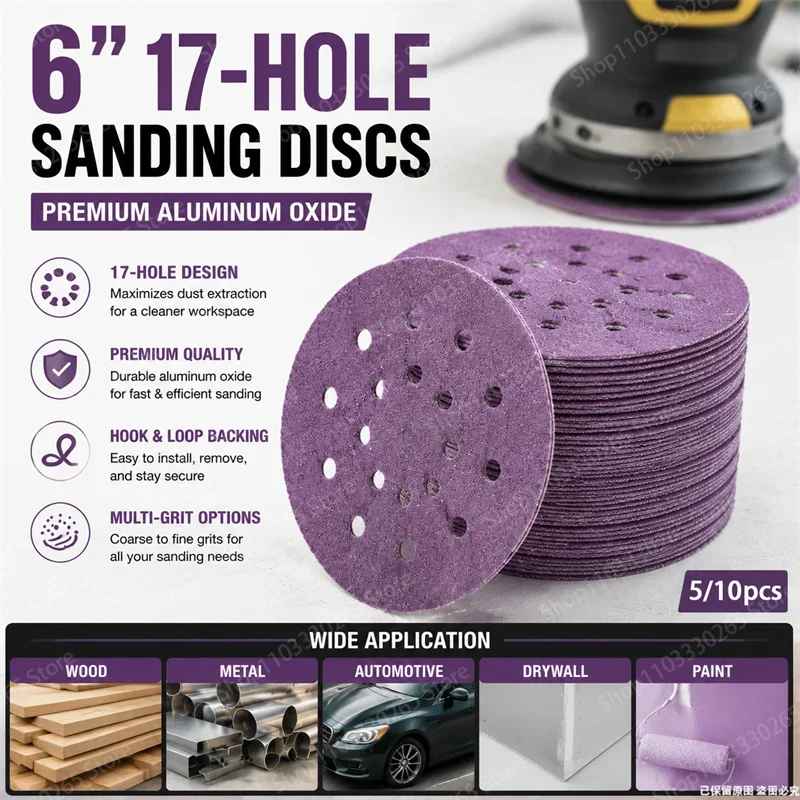 6 Inch 17 Hole Sanding Discs Premium Aluminum Oxide Hook Loop Multi Grit Sandpaper For Wood Metal Auto Drywall