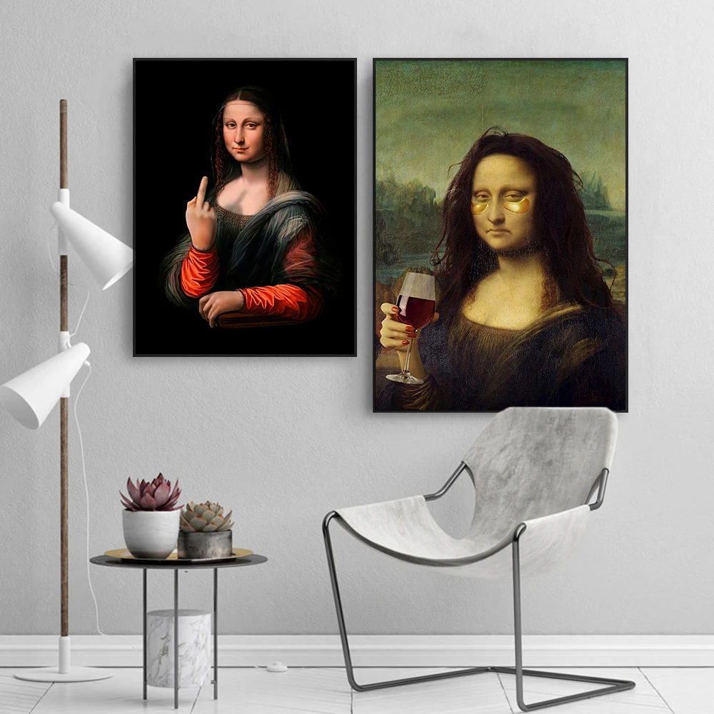 Funny Mona Lisa Portrait Oil Painting Prints Poster Mona Lisa Drinking To Poster Altered Classic Art Canvas Painting Home Decor