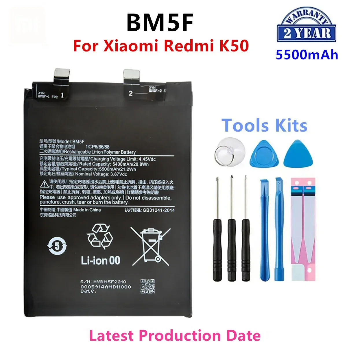 100% Orginal BM5F 5500mAh Battery For Xiaomi Redmi K50  Phone Replacement Batteries+Tools