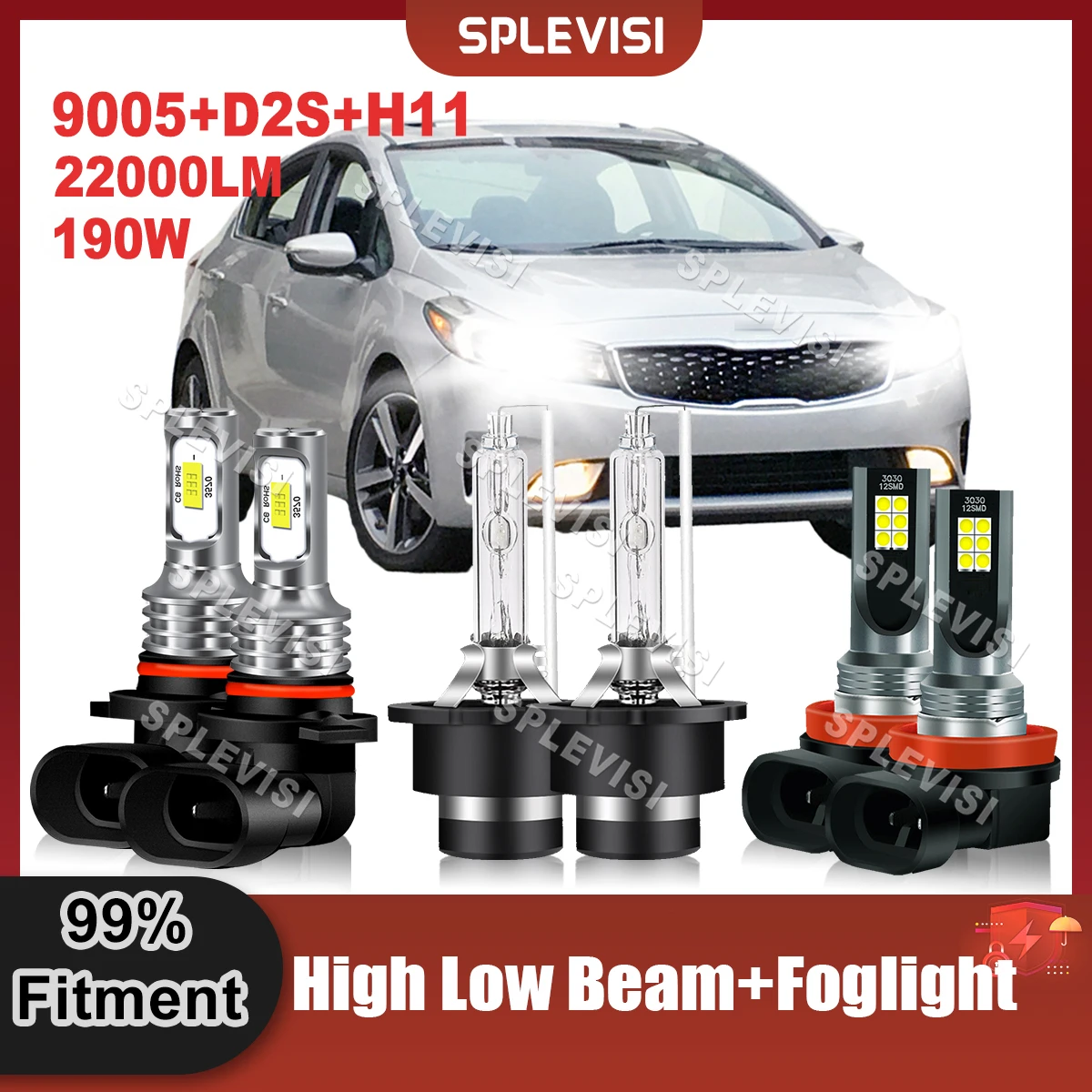 

Bright White Automobile LED Headlight Combo For Kia Forte 2017 2018 LED High Beam 9005+Low Beam D2S Xenon Lamp+Foglamp H11 Bulbs