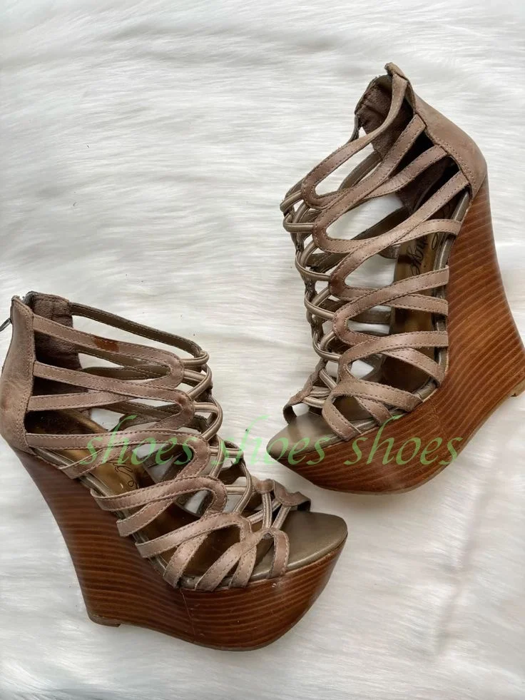Sandalias de cuña con plataforma, color nude taupe, con diseño de jaula, punta abierta, cierre trasero con cremallera, tacón con diseño de madera, correa de gladiador, para mujer, casuales, para fiesta, talla 46.