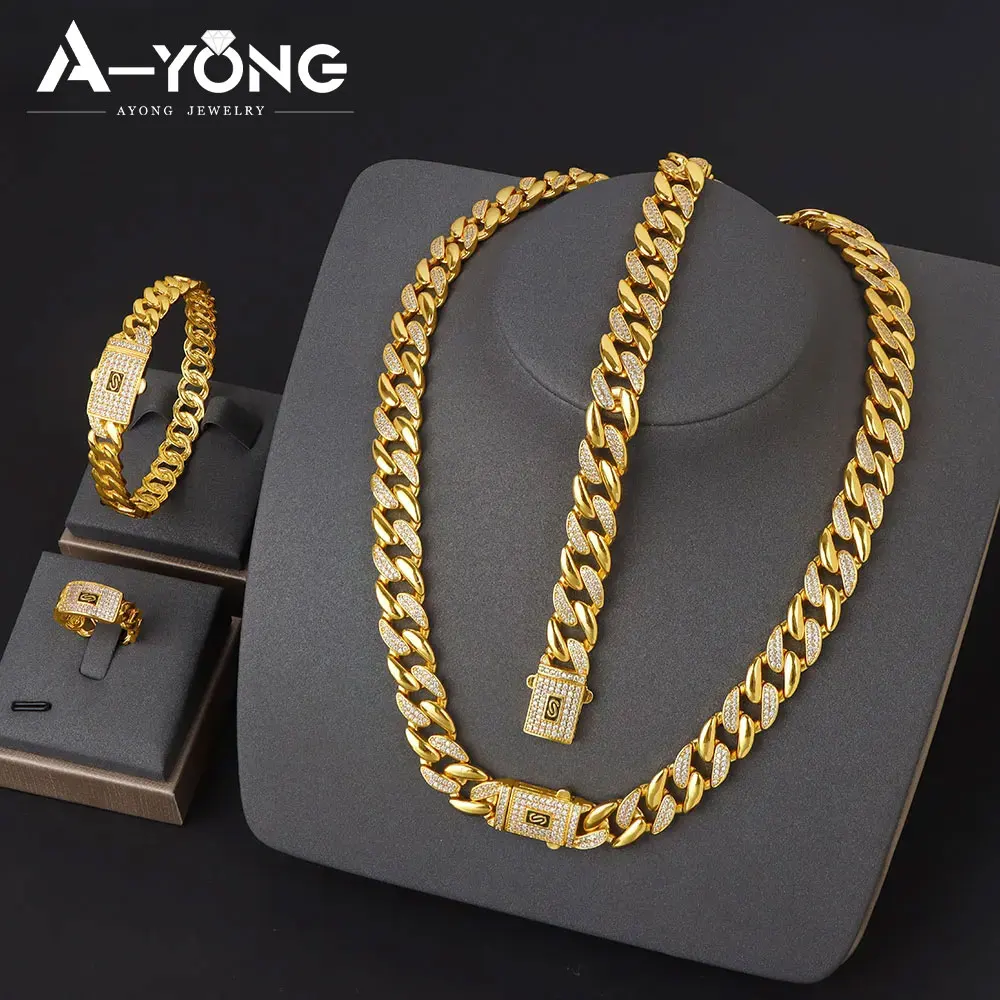 

Arabic Fashion Cuban Chains Jewelry Set 21k Gold Plated Italian Zirconia Hip Hop Necklace Bracelet Dubai Vintage Party Jewelrys