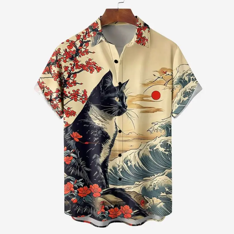Retro Men's  Short Sleeve Shirt Summer New Casual Fun Hawaiian Ukiyoe Kitten Fishing Shark Print Lapel Short Sleeve Shirt