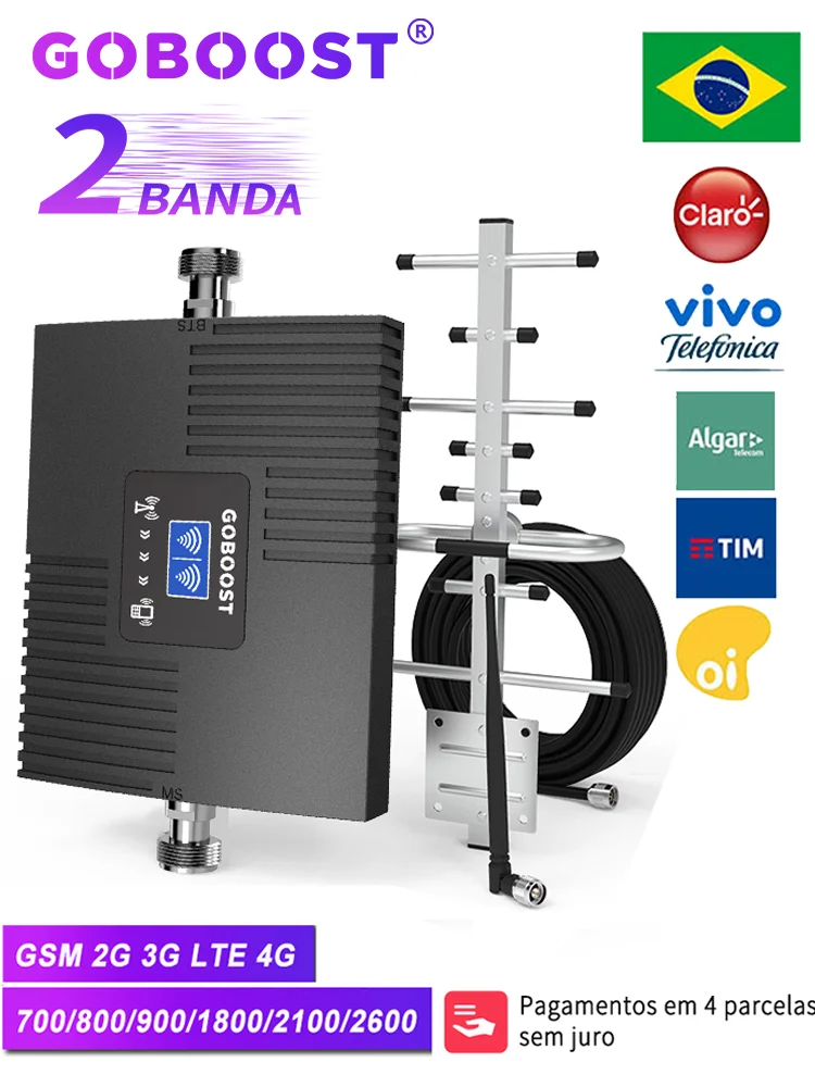 GOBOOST Amplificador Celular de 2 Bandes GSM 2G 3G 850 900 2100 LTE 4G 1800 Amplificador de Sinal de Telefone Celular 1700 1900MHz Kit Repetidor de Rede