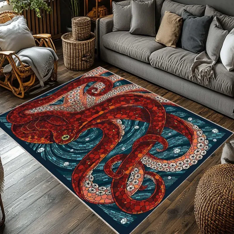 Mythical Red Kraken Rug, Giant Vibrant Octopus with White Suckers on Teal Waves, Striking Ocean Art Floor Mat for Bold Decor