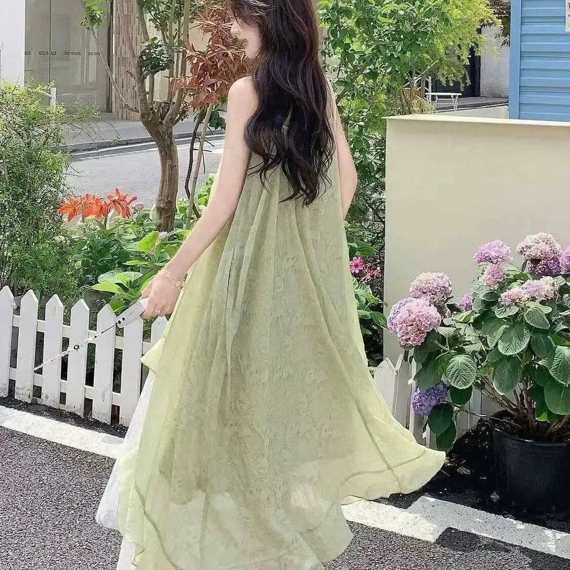 Abito estivo nuovo con cinturino floreale verde stile francese da donna bella vacanza al mare gonna lunga con giunture in pizzo elegante vita ampia