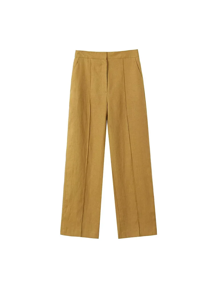 Kumsvag 2023 Women Spring Straight Pants Casual Solid Linen Zipper Full Length Pant Female Elegant Street OL Trousers Clothing