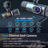 3 Channel Dash Cam Front Inside Rear Three Way Car Dash Camera 4K+1080P Dual Channel with WiFi GPS IR Night Vision DVR Black Box