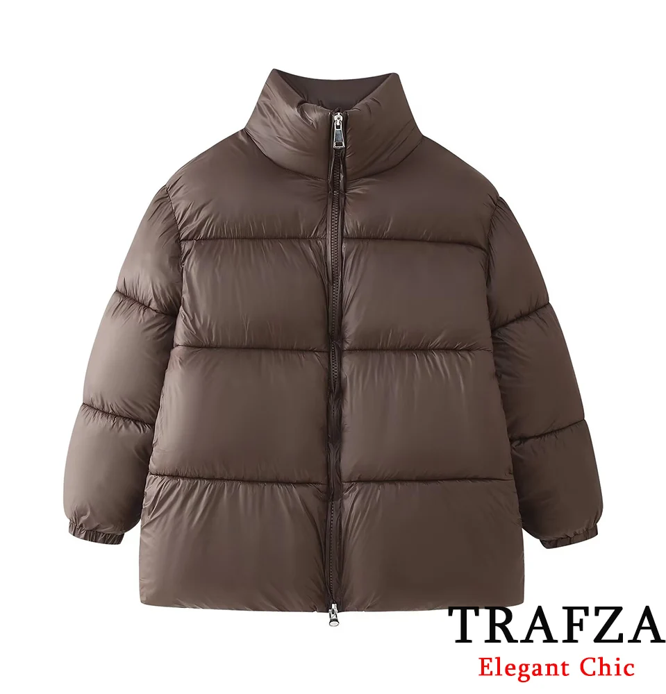 

TRAFZA элегантное женское осенне-зимнее пальто с воротником-стойкой, коричневая куртка на молнии, пальто 2025 г., модное уличное повседневное женское пальто