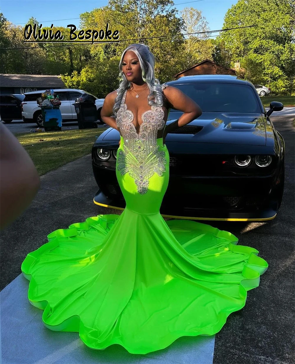 

Fluorescent Green Luxury Prom Dresses 2025 Silvery Crystal Beading Mermaid Formal Gowns Black Girls Birthday Dress Customized