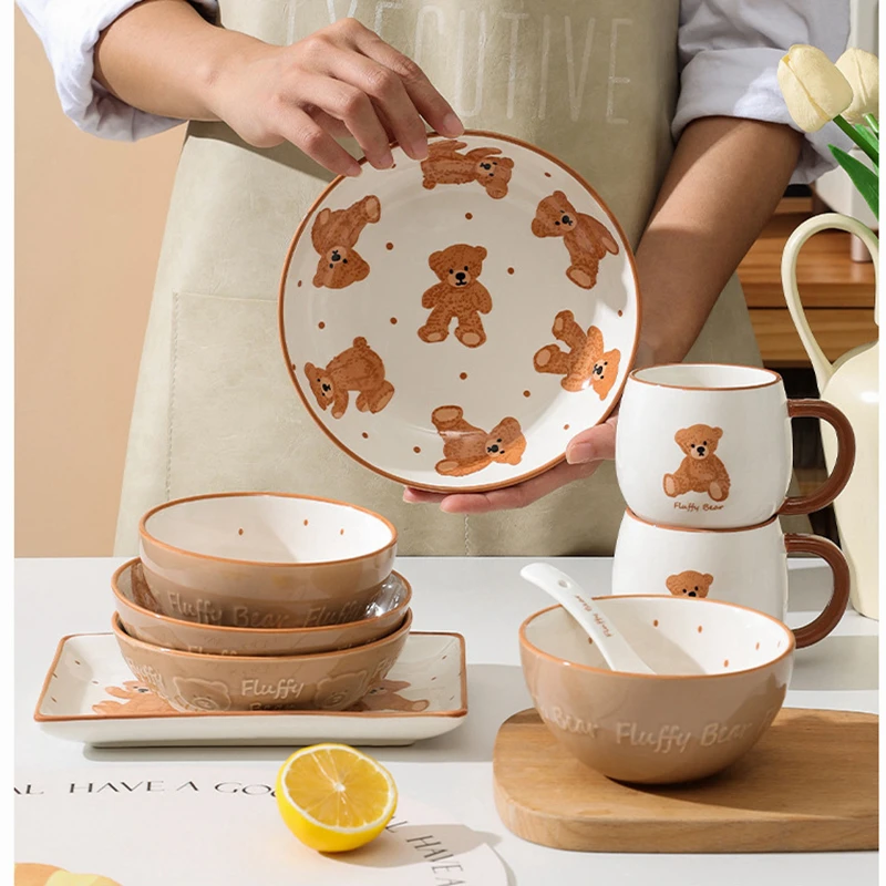 Lovely Bear Dinnerware Ceramic Dinner Plate Rice Soup Bowl Rectangle Sushi Plate Milk Mug Microwave Oven Safe